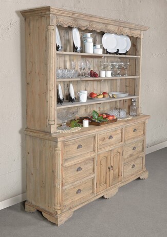 Buffet Hutch: Scalloped Valance Natural Wood Farmhouse Hutch