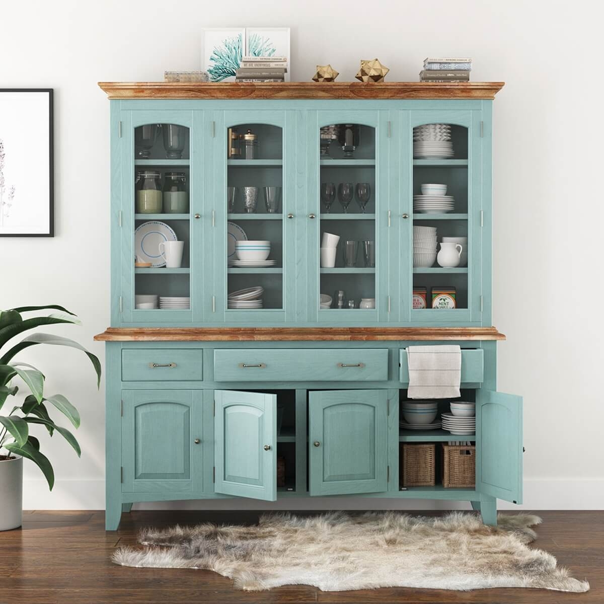 Buffet Hutch: Seafoam Green Arched Glass Door China Cabinet