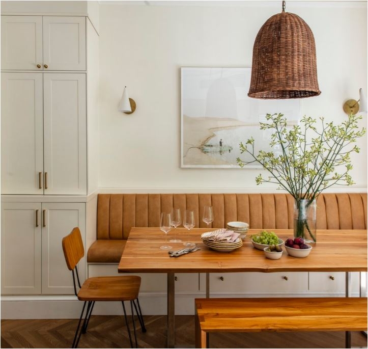 Built-In Banquette Bench with Woven Rattan Pendant and Camel Brown Hide