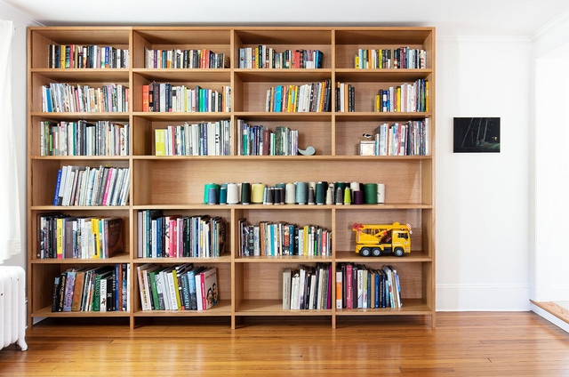 Built-in Bookshelf Custom White Oak Grid Shelving Layout