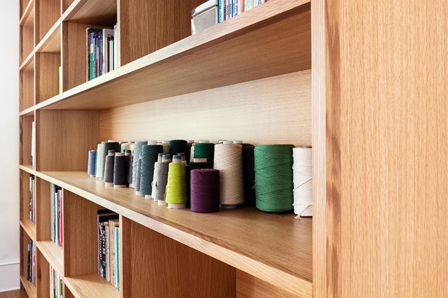 Built-in Bookshelf Thick Profiles Compartmentalized Cubbies
