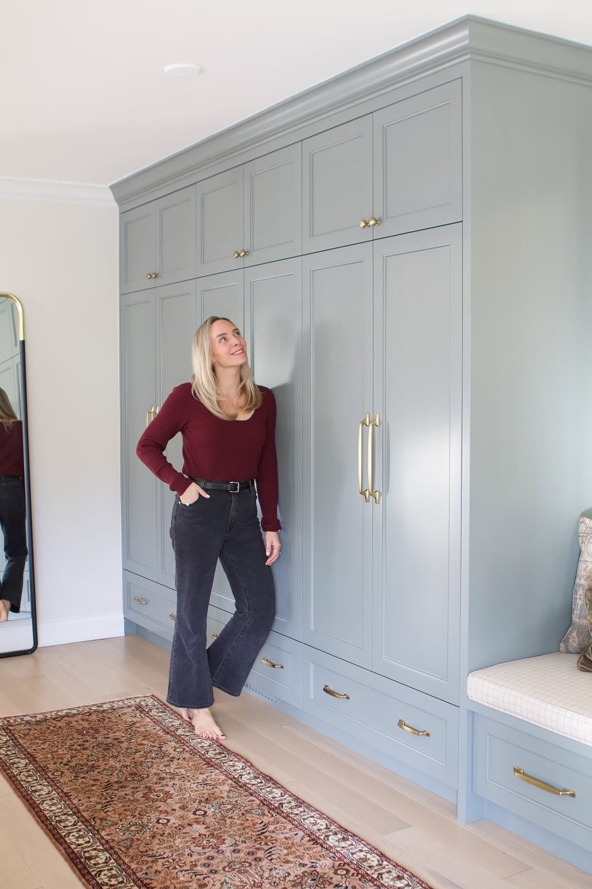 Built-In Closet: Dusty Blue Paint with Brass Hardware Bench