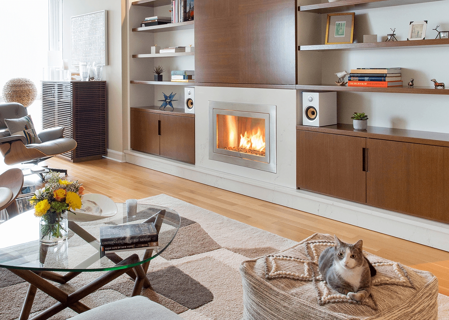 Built-In Fireplace with Linear Ventless Profile and Walnut Millwork
