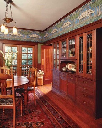 Built-In Hutch Reddish Diamond Pane Glass Craftsman built-in buffet