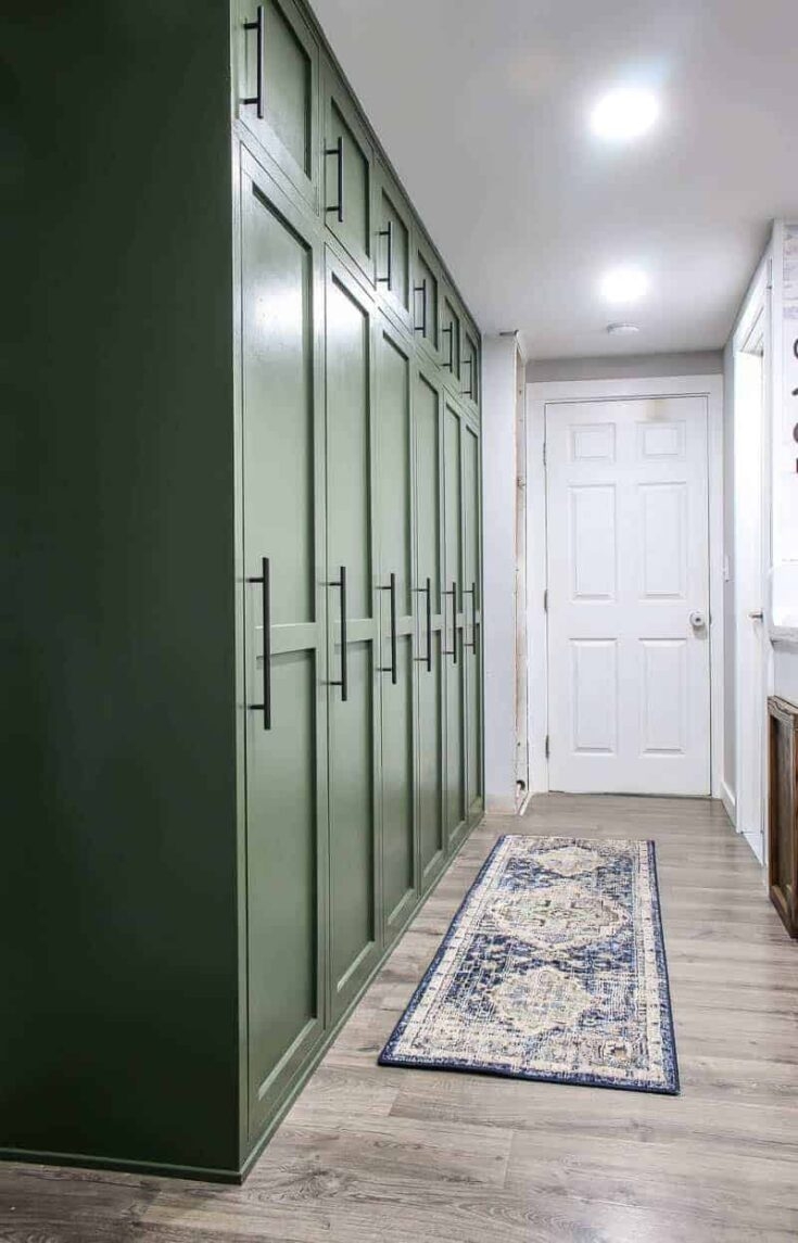 Built-In Lockers Sage Green Shaker Panels Matte Black Hardware