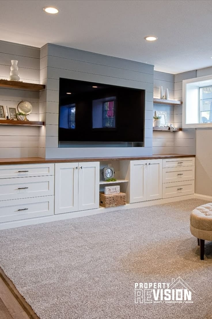 Built-In Media Center with Recessed Shiplap Wall and White Cabinets