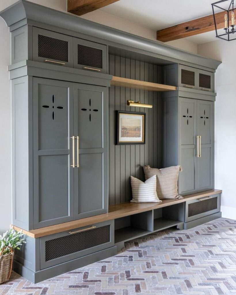 Built-In Mudroom Slate Gray Metal Mesh Herringbone Brick Floor