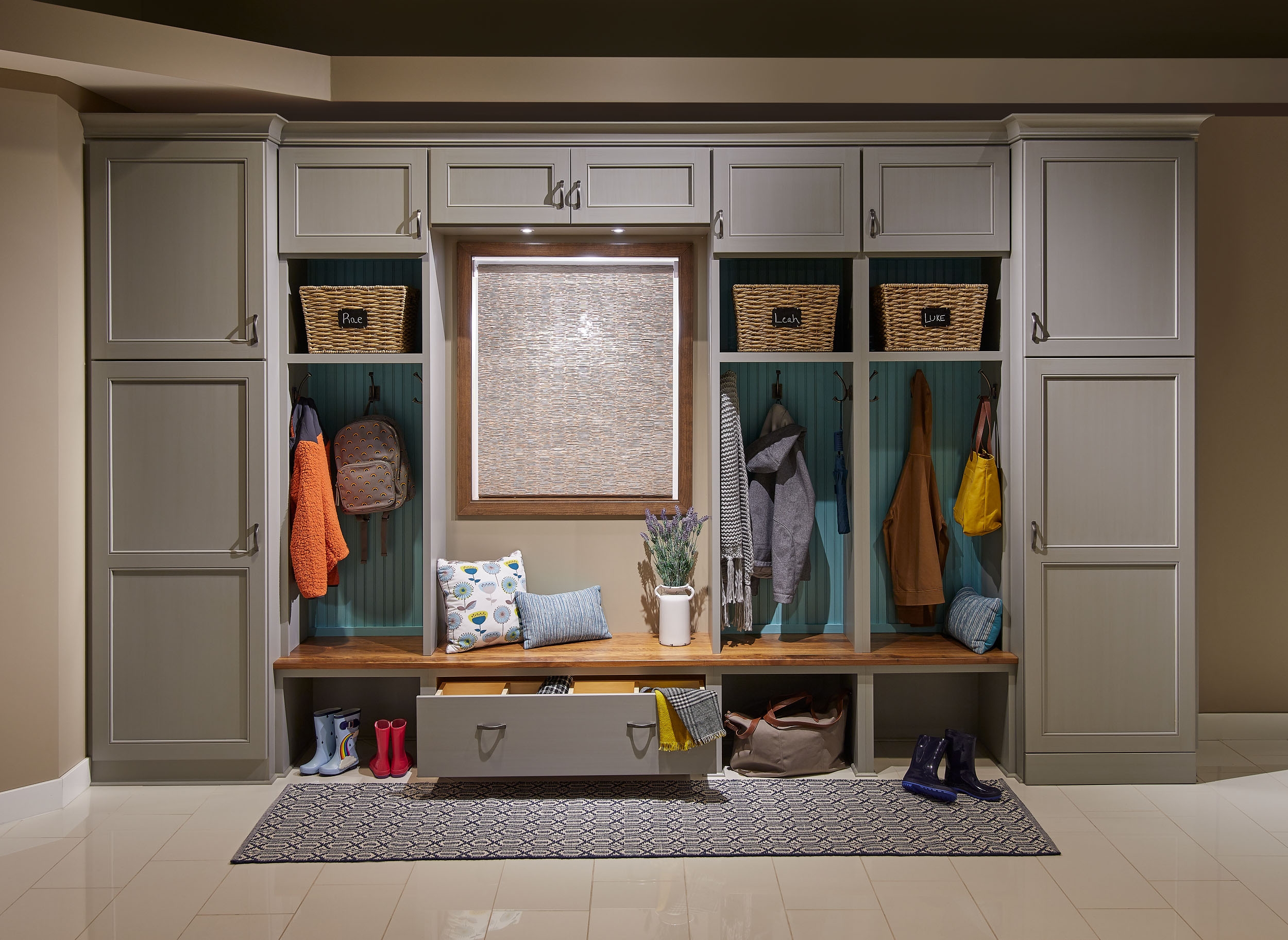 Built-In Mudroom: Soft Blue Beadboard Accent and Window Nook