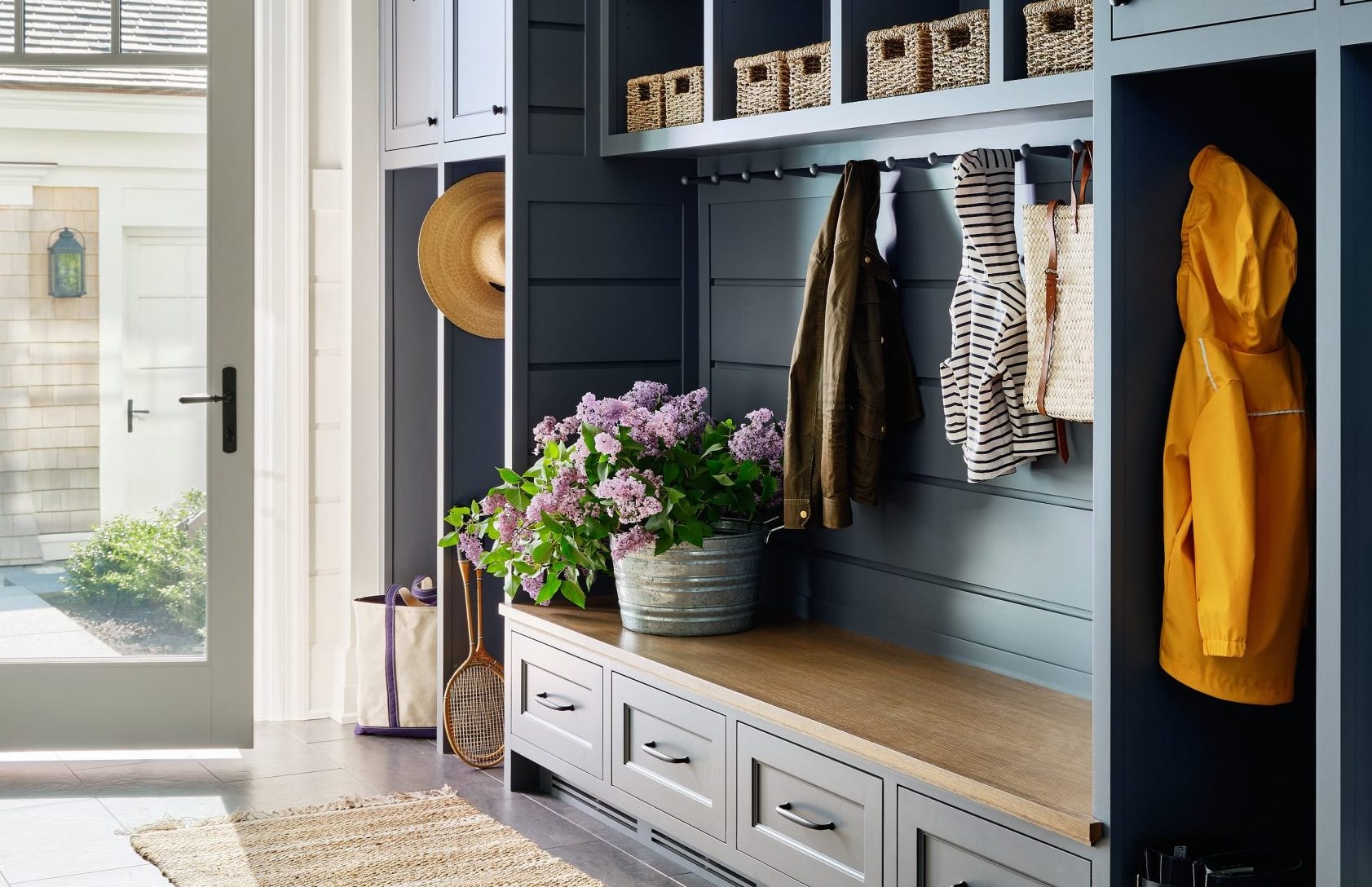 Built In Mudroom with Slate Blue Cabinetry Design Idea