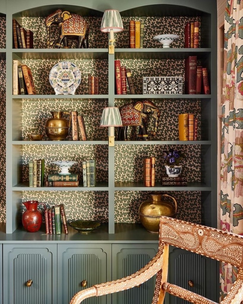 Built In Shelving Fluted Sage Blue Botanical Backing