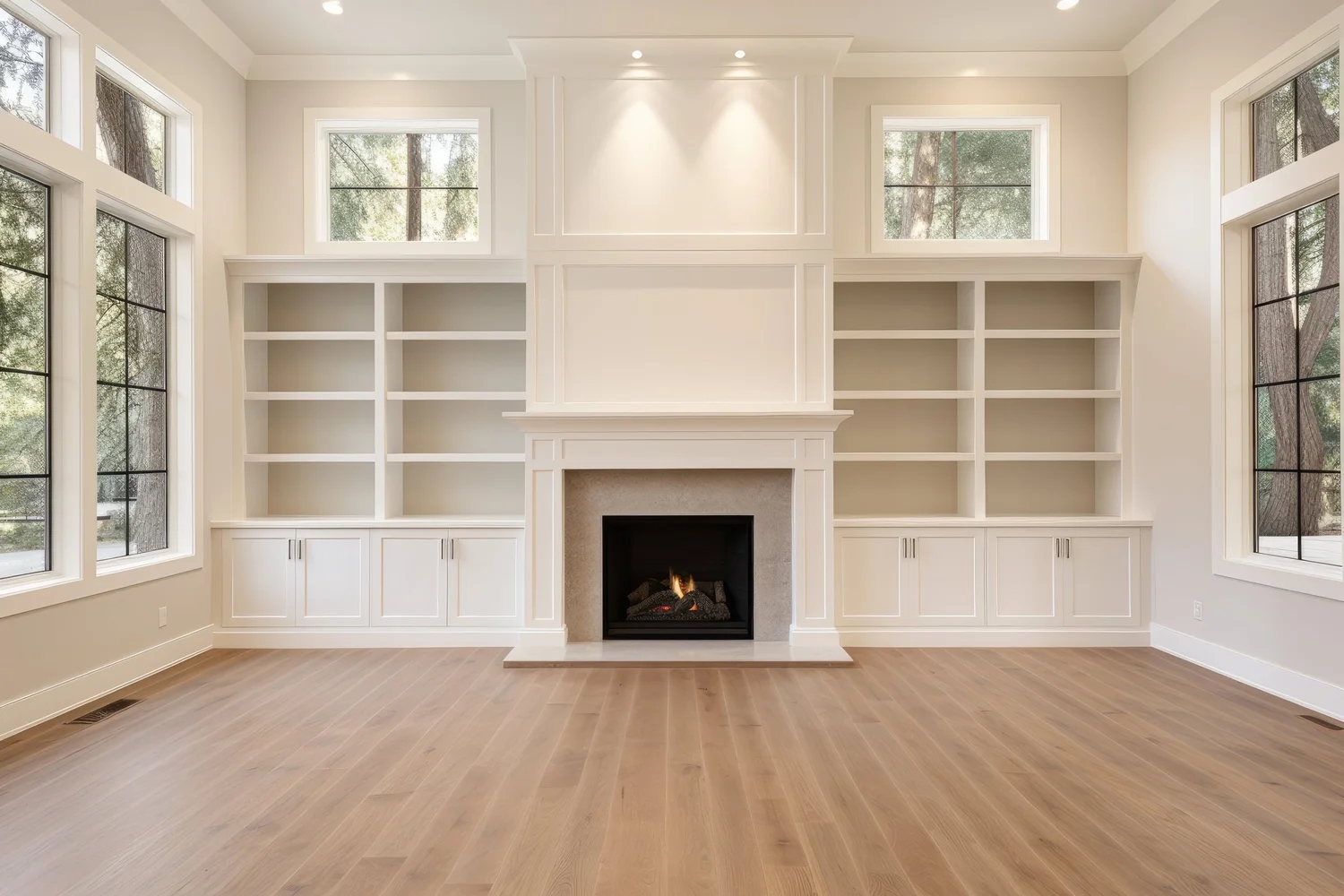Built-In Shelving with Shaker Cabinets and Recessed Accent Lighting