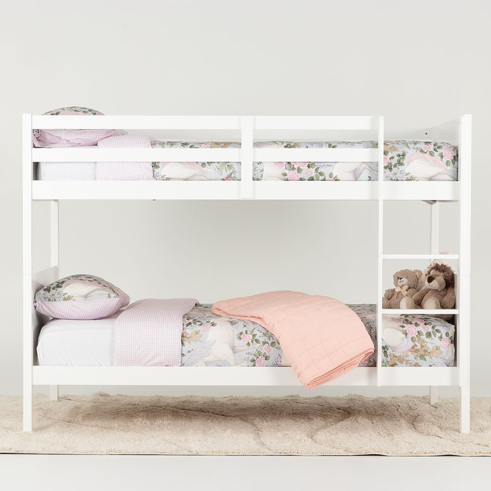 Bunk Bed: Crisp White Integrated Ladder Shelving for Kids