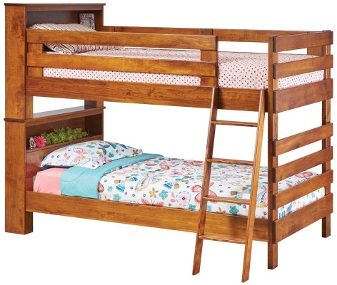 Bunk Bed: Honey Brown Bookcase with Headboard Shelving