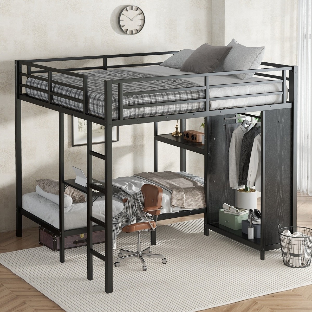 Bunk Bed: King Over Twin XL Black Metal Integrated Wardrobe