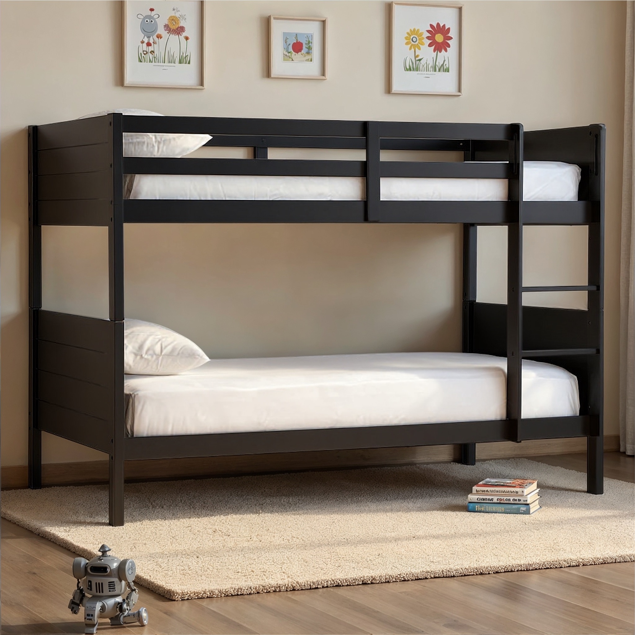 Bunk Bed: Matte Black Minimalist Wood with Slatted Panels