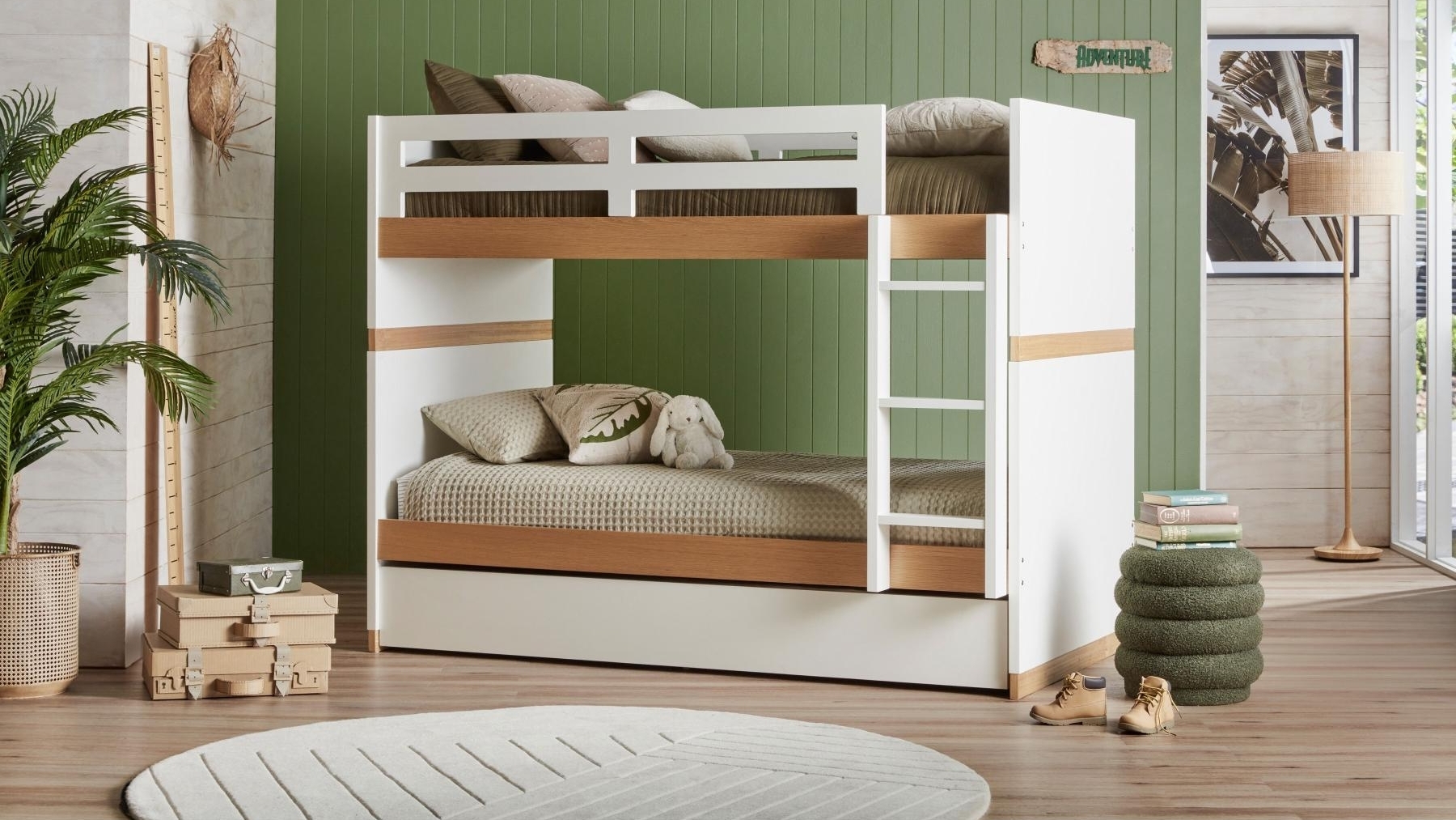 Bunk Bed: Scandinavian Two-Tone White and Oak with Storage