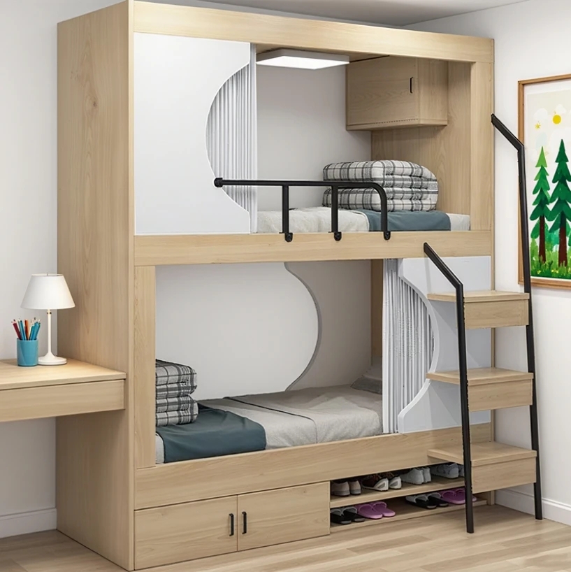 Bunk Bed Unit with Sliding Circle Privacy Doors and Desk