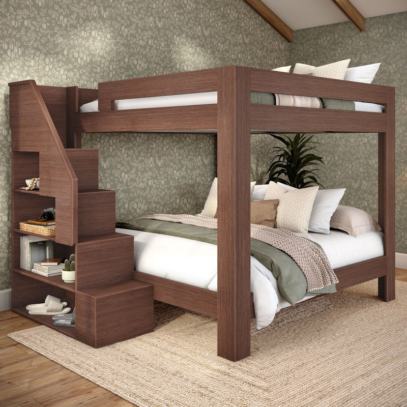 Bunk Bed: Walnut King Over King with Storage Staircase