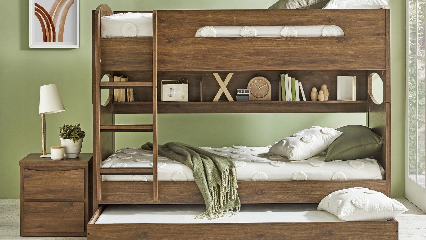 Bunk Bed: Walnut Wood with Integrated Shelving and Cutouts