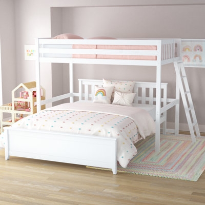 Bunk Bed: White L-Shaped Solid Wood with Slatted Detailing