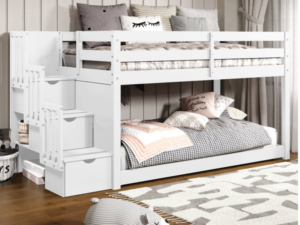 Bunk Bed: White Low Profile Frame with Integrated Stairway