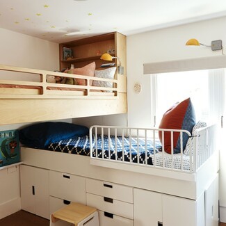 Bunk Bed with Yellow Task Lamps and Integrated Storage Bunk Bed