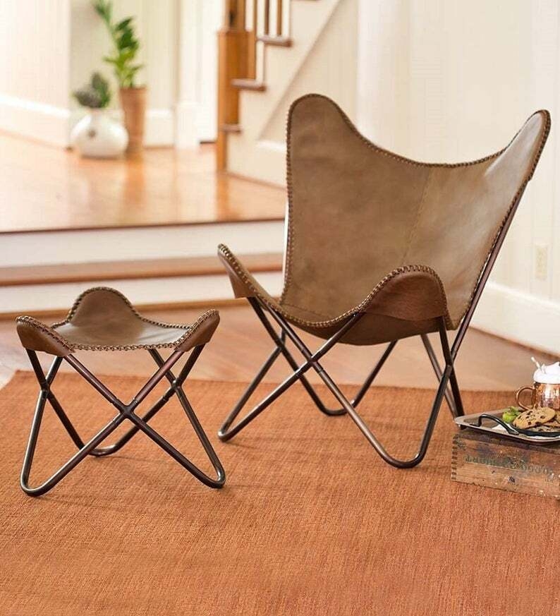 Butterfly Chair with Matching Ottoman and Whipstitch Detail
