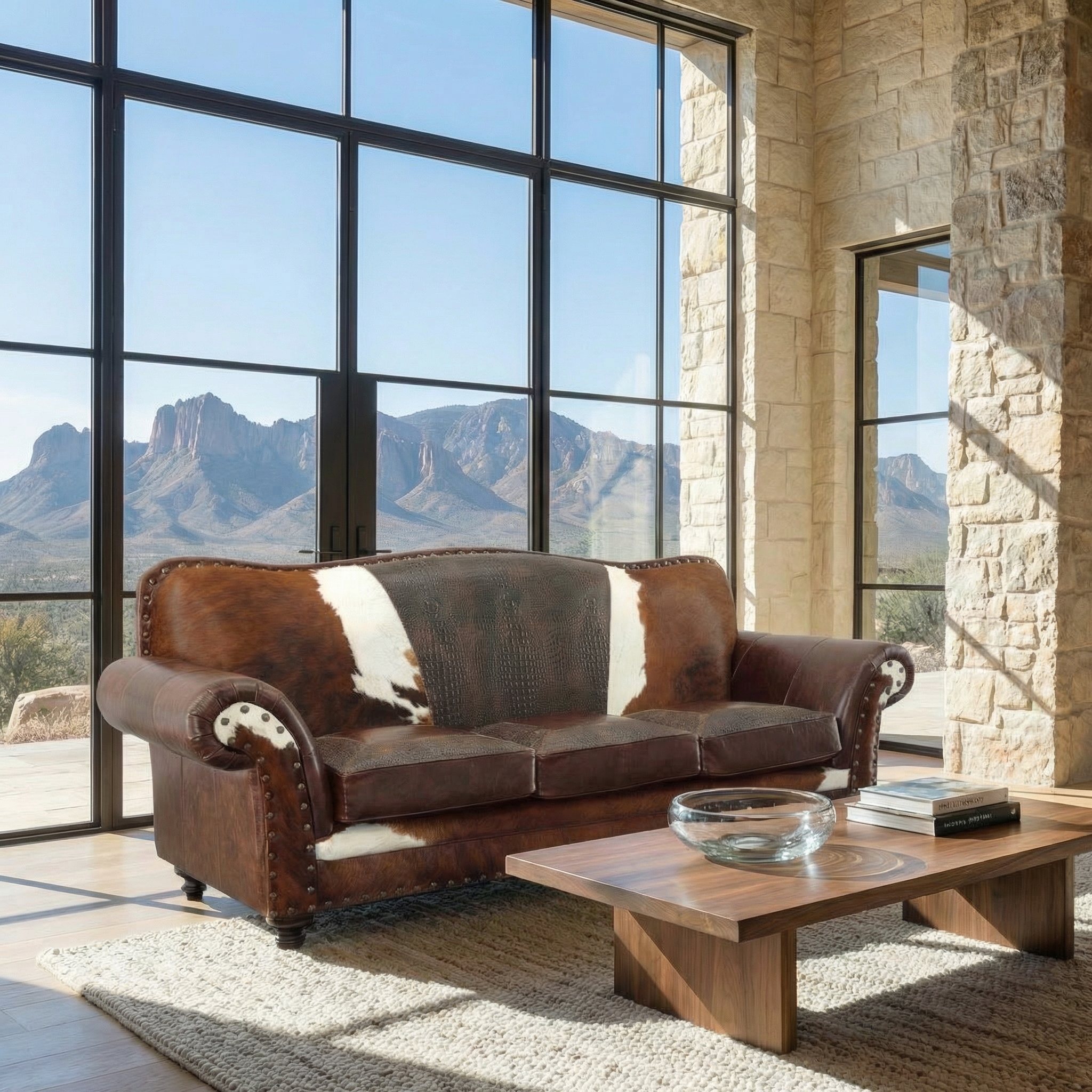 Camelback Sofa Embossed Center Panel Cowhide Camelback Sofa