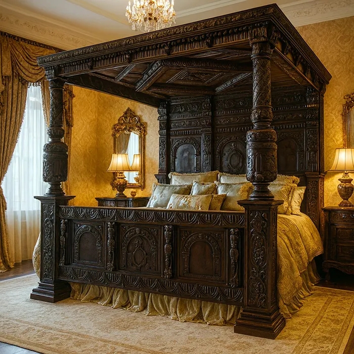 Canopy Bed Heavily Carved Coffered Ceiling Ebony