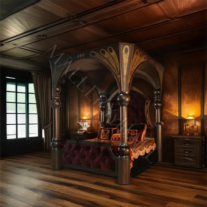 Canopy Bed Inlaid Wood Arches Burgundy Velvet Goth
