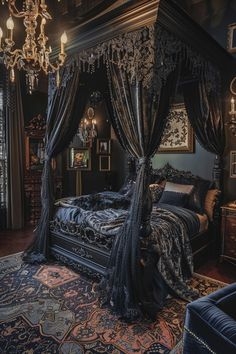 Canopy Bed Lace Trim Ornate Carvings Moody Bedroom