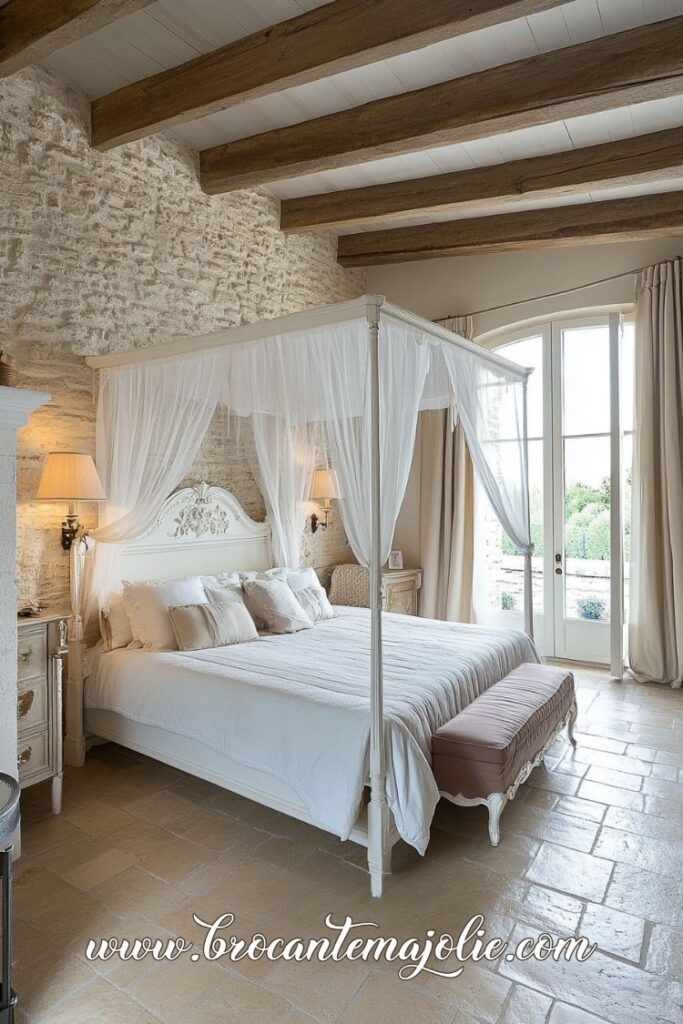 Canopy Bed: Sheer Canopy Drapes and Rustic Stone Accent Wall