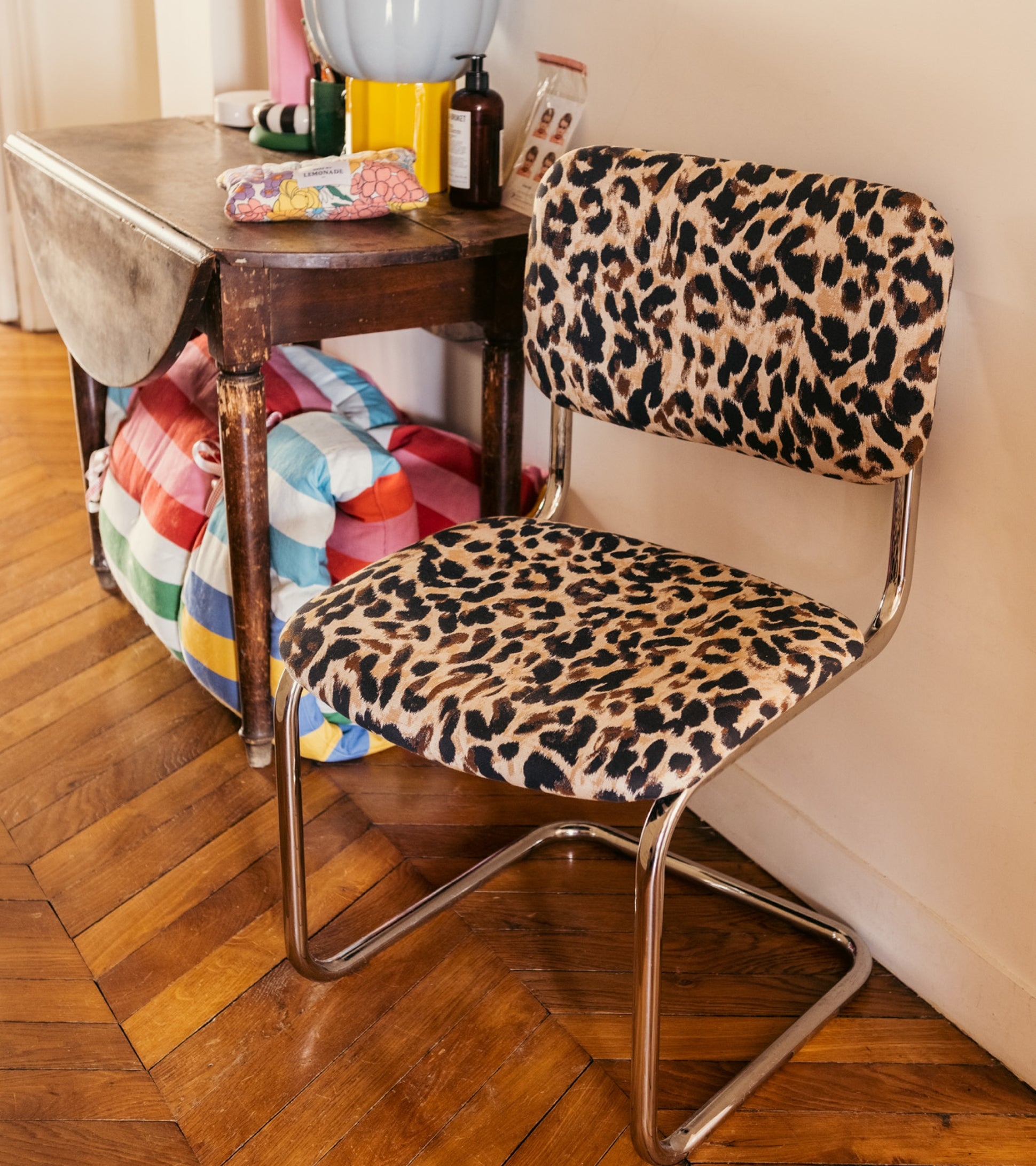 Cantilever Chair with Chrome Base and Leopard Print Seating