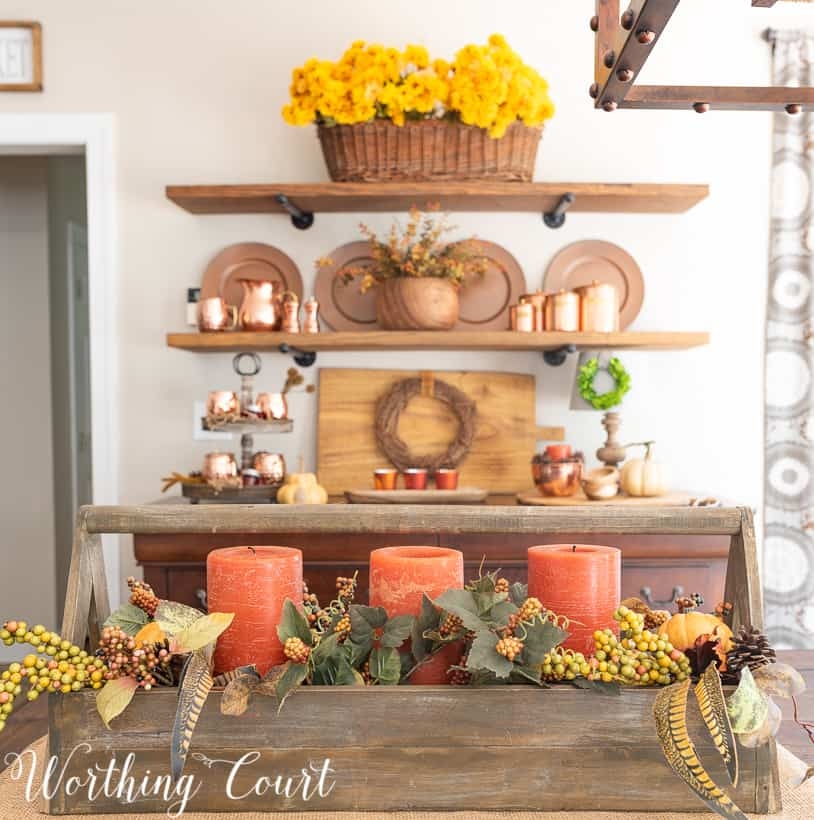 Centerpiece Caddy with Wooden Toolbox Base and Pillar Candles