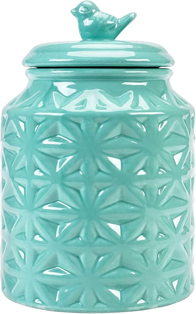 Ceramic Canister with Bird Finial Turquoise Farmhouse