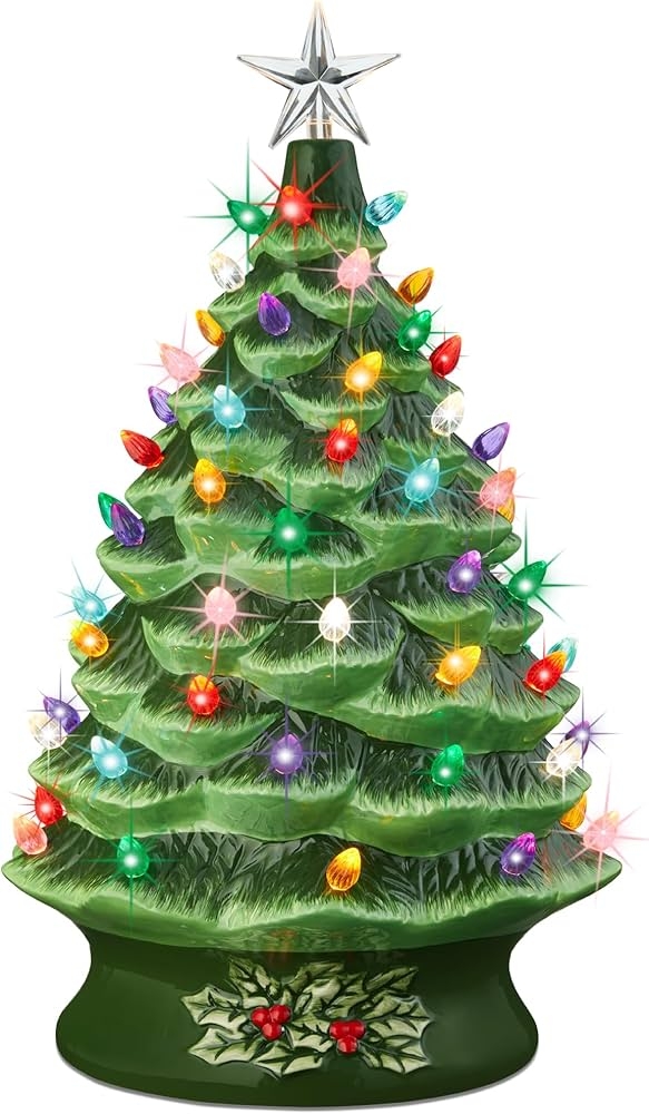 Ceramic Christmas Tree: Multicolor LEDs Holly Base