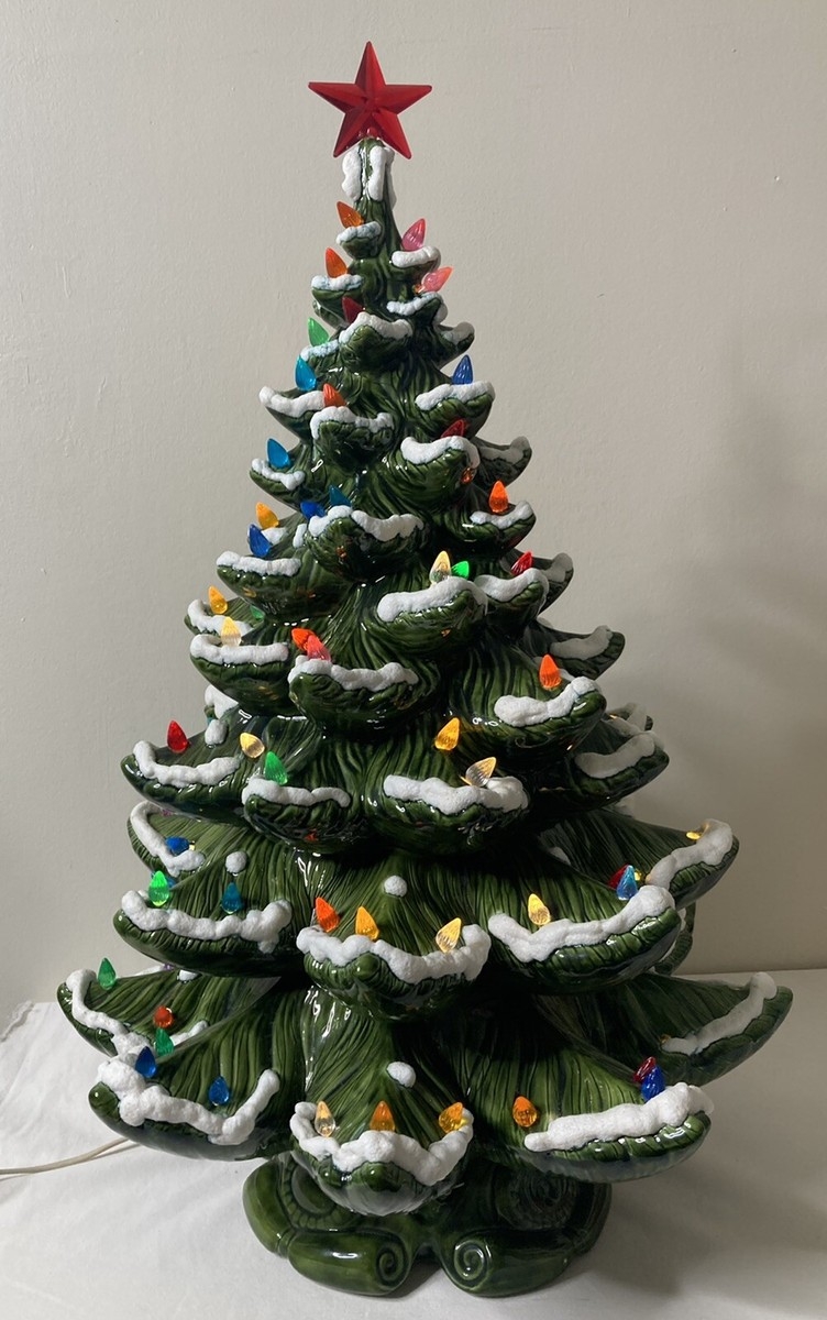 Ceramic Christmas Tree: Red Star Snow Flocked Tips