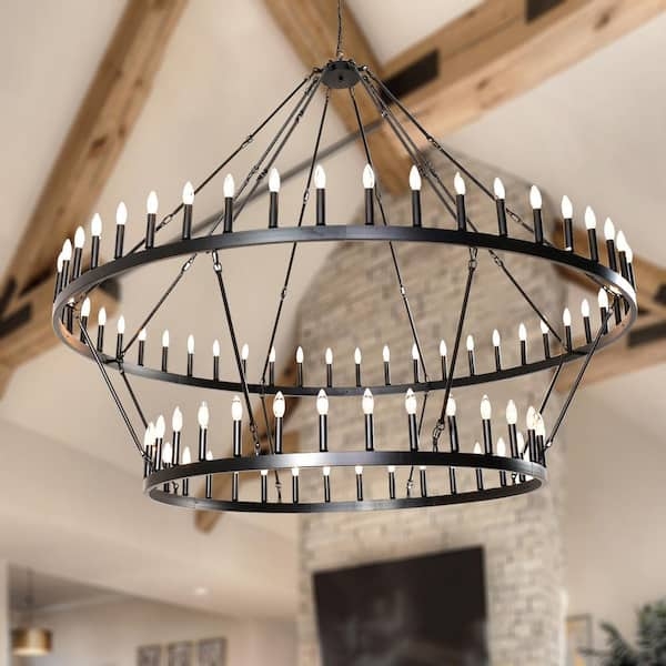 Chandelier 80 Lights Matte Black 2-Tier Wagon Wheel Chandelier
