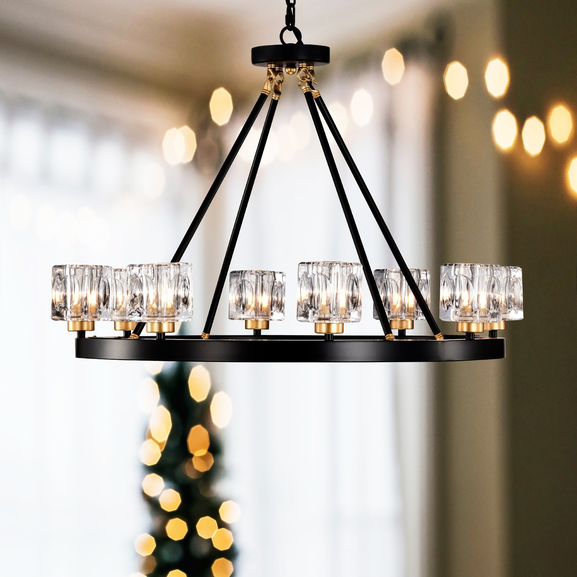 Chandelier Cube Glass Shades Matte Black Ring Frame