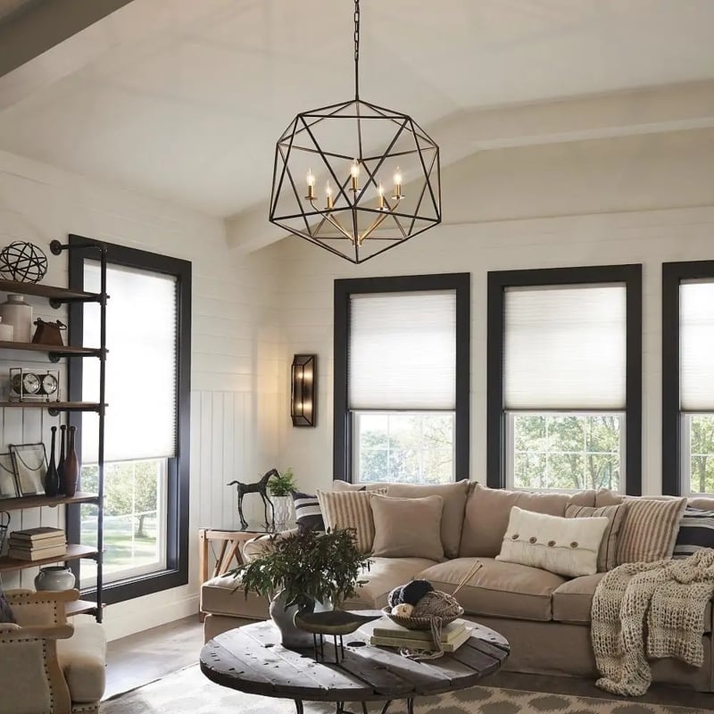 Chandelier Geometric Cage Matte Black Vaulted Ceiling