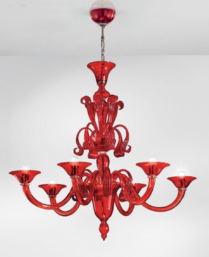 Chandelier in Garnet Red Glass with Hand Blown Murano Style
