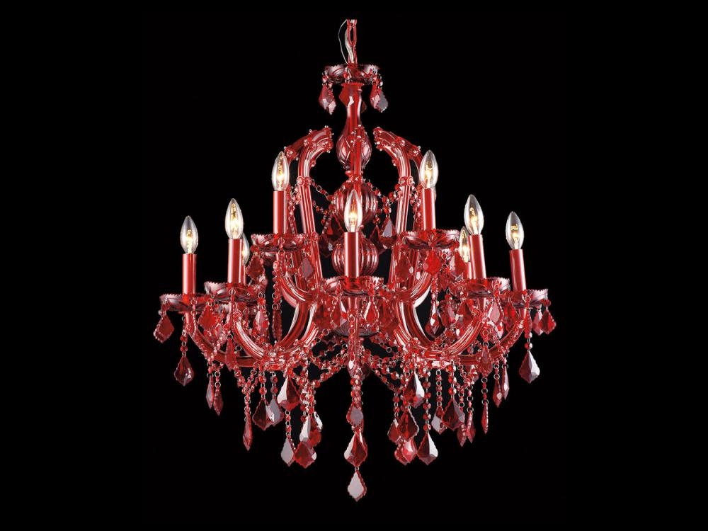 Chandelier in Twelve Light Tier with Crimson Glass Pendants