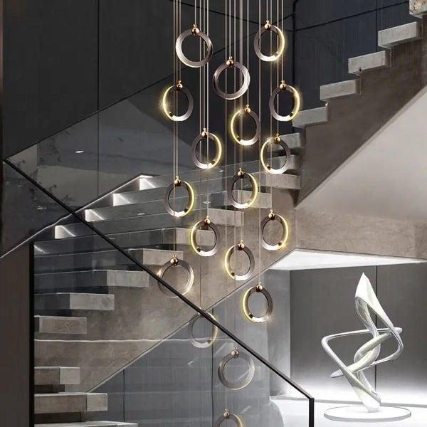Chandelier: Metallic Grey Cascading Rings for Modern Staircase
