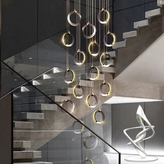 Chandelier: Metallic Grey Cascading Rings for Modern Staircase