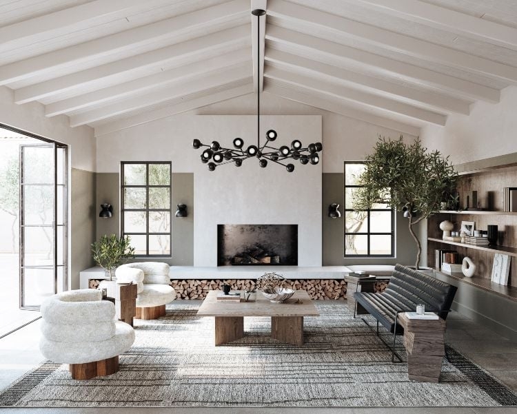 Chandelier Multi-Arm Design with Bouclé Accent Chairs