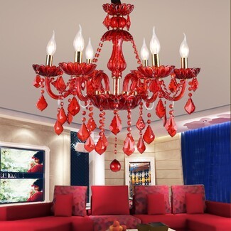 Chandelier of Ruby Red Glass with Gold Accented Hardware