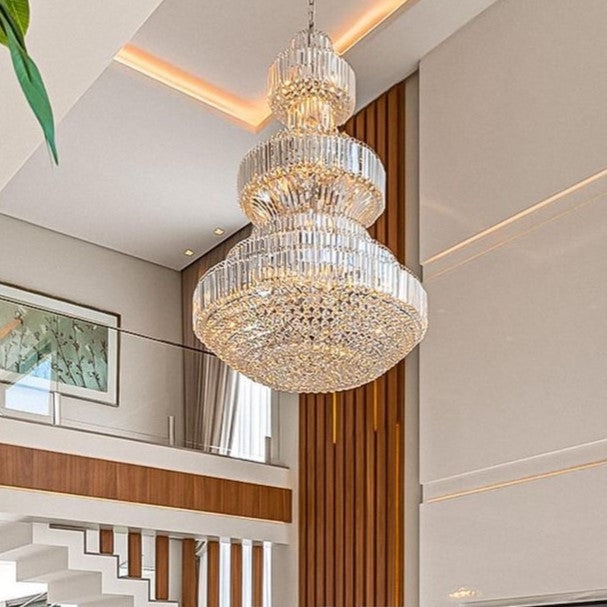 Chandelier Three Tiered Design Gold Tone Luxury High Ceiling Fixture