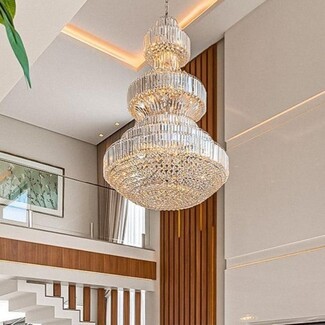 Chandelier Three Tiered Design Gold Tone Luxury High Ceiling Fixture