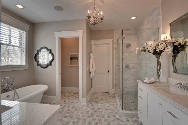 Chandelier with Crystal Accents and Hex Mosaic Flooring