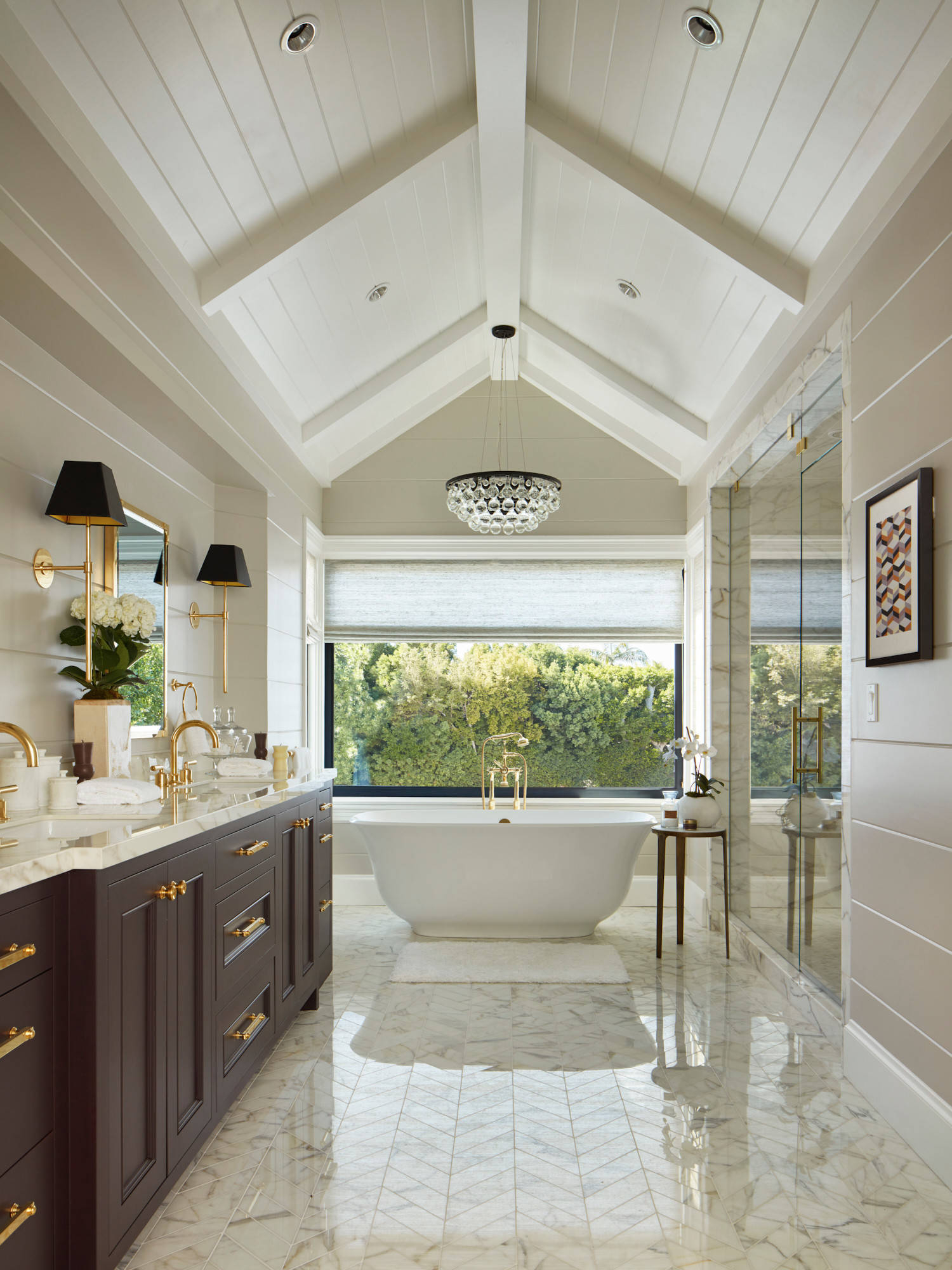 Chandelier with Crystal Beads and Vaulted Shiplap Ceiling